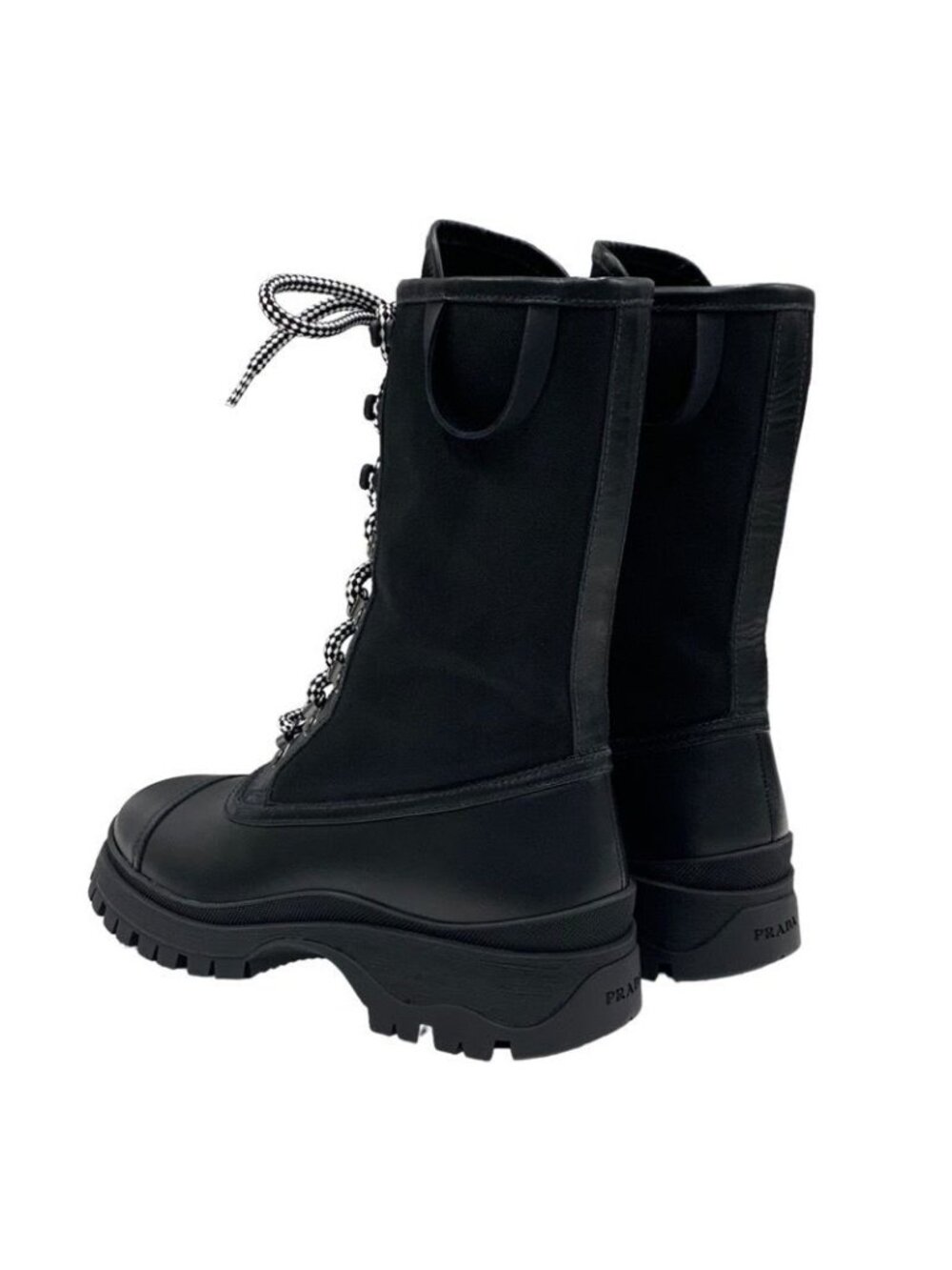 Prada Boots Short Middle Shoes Lace Up Leather Fabric Black - Picture 5 of 11